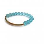 Gold Tube Bracelet With Aqua Beads. Bar Beaded..