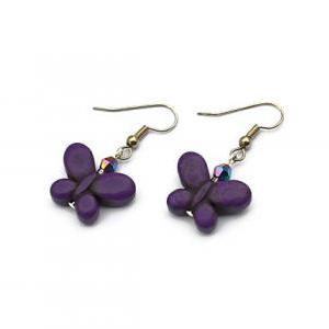 Purple Butterfly Gemstone Summer Earrings. Fashion..