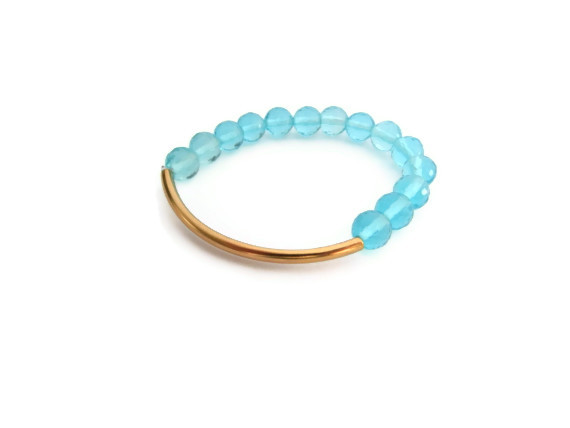 Gold Tube Bracelet With Aqua Beads. Bar Beaded Stratch Bracelet. Stretch Aqua Armcandy
