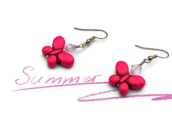 Fuchsia Butterfly Gemstone Summer Earrings. Fashion Trend Jewelry