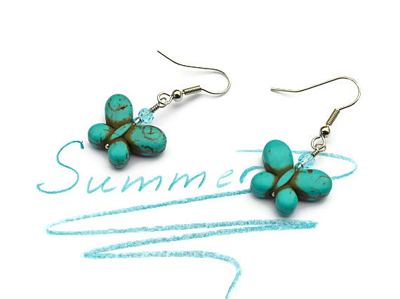 Turquoise Butterfly Gemstone Summer Earrings. Fashion Trend Jewelry